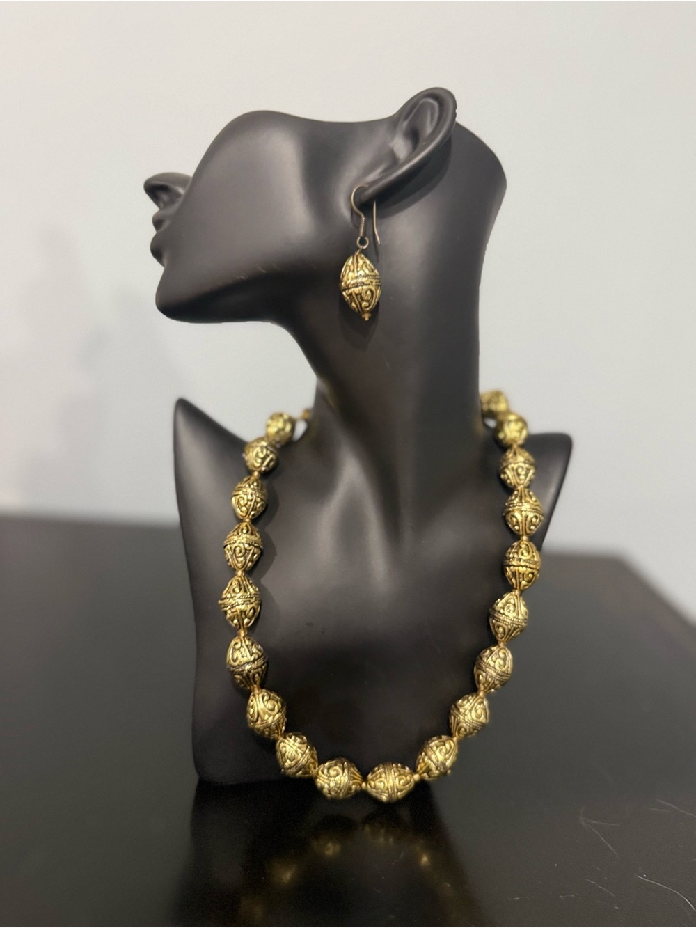 Elegant Gold-Tone Filigree Bead Necklace & Drop Earrings Set